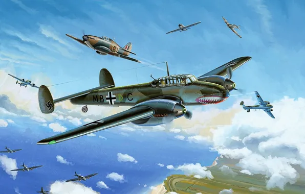 Картинка war, art, painting, Hurricane, drawing, ww2, He 111, dogfight, bf 110, battle of britain, dover