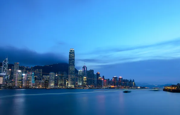 Картинка вода, город, огни, Гонконг, небоскребы, Китай, сумерки, Hong Kong