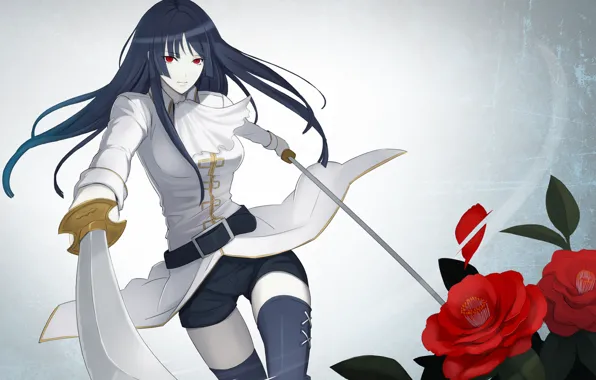Картинка девушка, розы, чулки, мечи, красные глаза, гинтама, Gin Tama, Imai Nobume