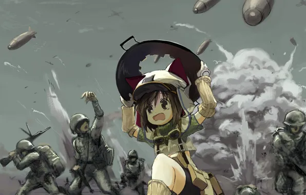 Картинка война, девочка, солдаты, бомбы, бежит