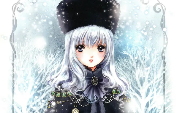 Картинка зима, снег, украшения, шапка, девочка, мех, пелерина, by Shiitake