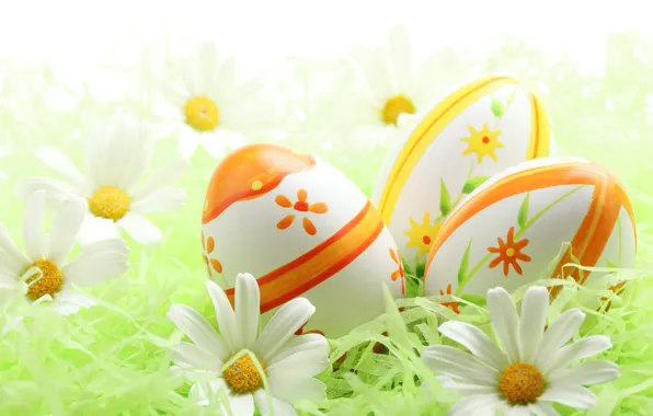 Картинка праздник, ромашки, яйца, Пасха