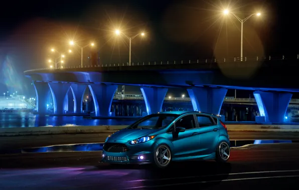 Картинка Ford, Blue, Front, Bridge, Night, Fiesta, Wheels, ADV.1, Warren