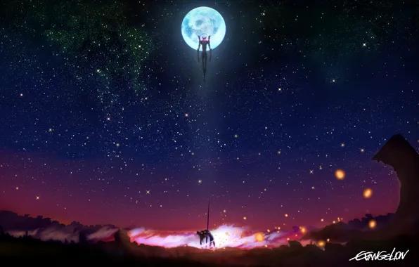 Картинка небо, звезды, ночь, оружие, луна, аниме, роботы, арт, neon genesis evangelion, меха, eva, evangelion: 2.0 …