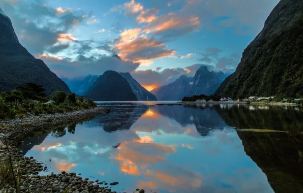 Картинка горы, отражение, Новая Зеландия, залив, New Zealand, фьорд, Milford Sound, Милфорд-Саунд