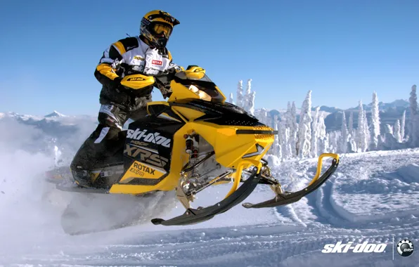 Картинка снег, жёлтый, спорт, sport, snow, снегоход, snowmobile, ski-doo, mxz, brp, skidoo, xrs, rotax