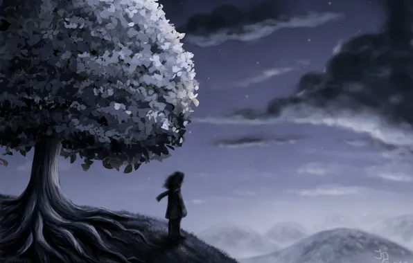 Картинка звезды, облака, ночь, дерево, человек, холм, арт