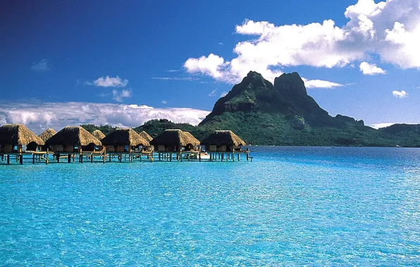 Картинка ocean, Tahiti, resort, lagoon, Bungalow, look from sea