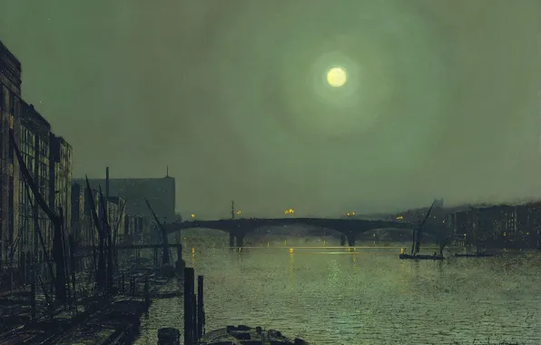 Картинка небо, пейзаж, мост, город, река, луна, дома, картина, John Atkinson