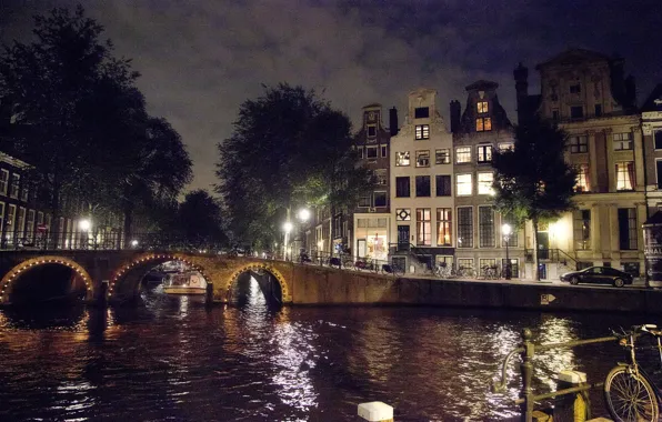 Картинка lights, bridge, water, night, Amsterdam, Netherlands, canal