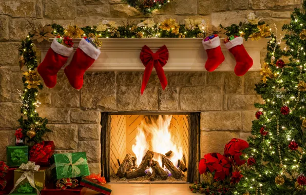 Картинка украшения, lights, огни, дерево, огонь, праздник, fire, камин, Happy New Year, tree, коробки, дары, Merry …
