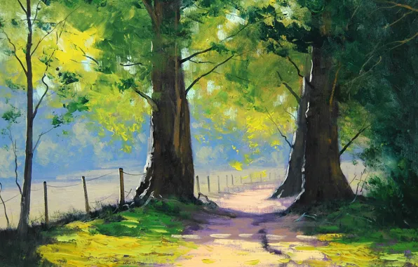 Картинка дорога, зелень, лето, деревья, забор, art, artsaus