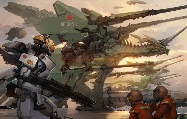 Картинка машины, оружие, робот, драконы, войны, арт, меха, takayama toshiaki