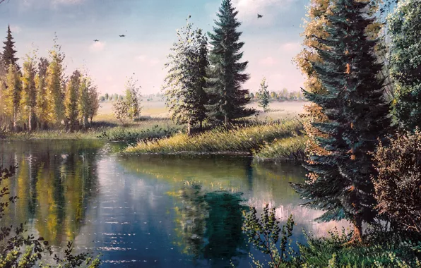 Картинка лес, деревья, птицы, природа, озеро