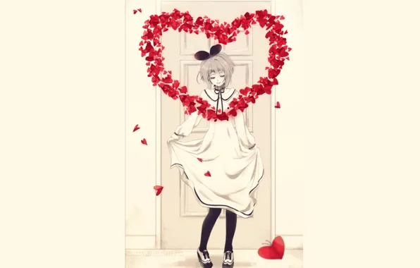 Картинка сердце, дверь, Девочка, сердечки, бантик