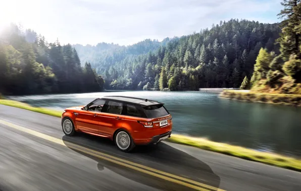 Картинка Авто, Дорога, Озеро, Лес, Оранжевый, Land Rover, Range Rover, Sport, Вид с боку