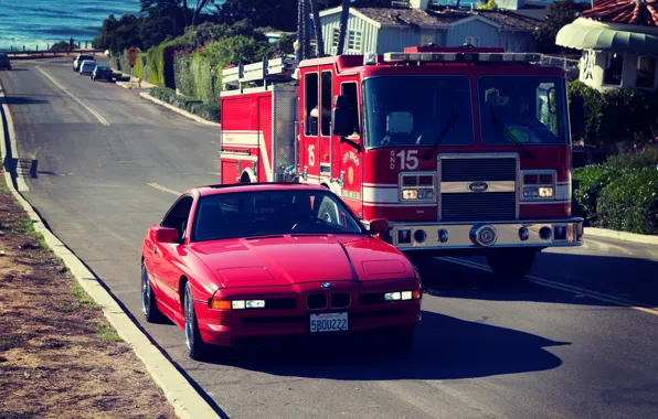 Картинка Дорога, Красная, BMW, БМВ, Red, E31, 1997, 850ci, Пожарная машина