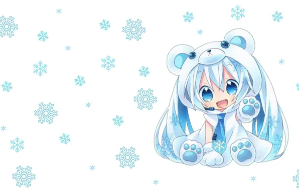 Картинка аниме, арт, чиби, малышка, вокалоид, снежинка, костюмчик, Hatsune