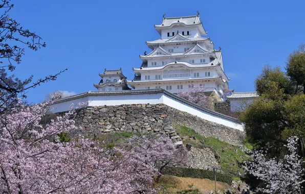 Картинка замок, весна, Япония, сакура, Химедзи