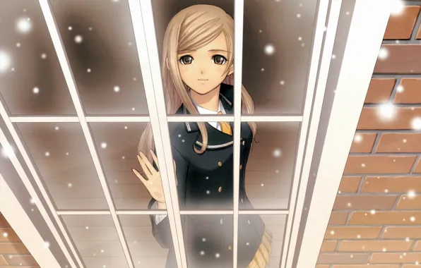 Картинка зима, снег, аниме, окно. девушка