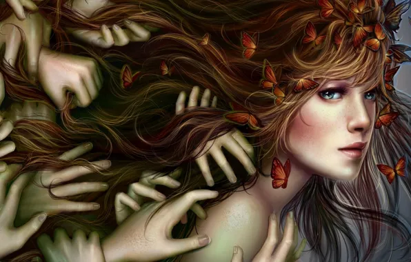 Картинка девушка, бабочки, волосы, руки, Alla Tsyplakova, Алла Цыплакова