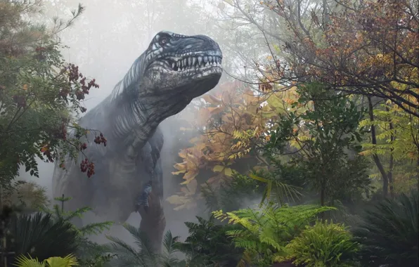 Картинка осень, лес, туман, динозавр