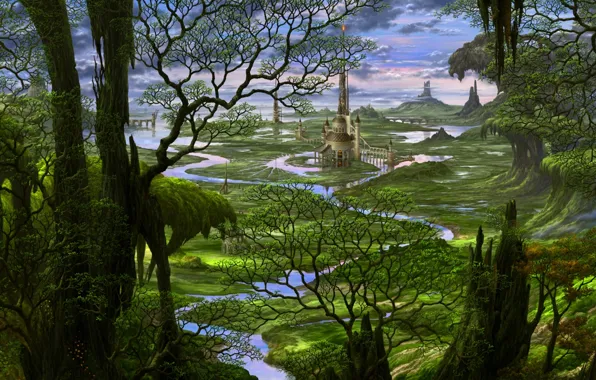 Картинка лес, деревья, река, замок, сказка, Япония, фэнтези, арт, Japan, fantasy, landscape, castle, fairytales, Казамаса Учио, …
