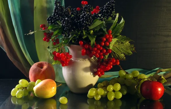 Картинка ягоды, яблоки, яблоко, виноград, ваза, фрукты, натюрморт, персик