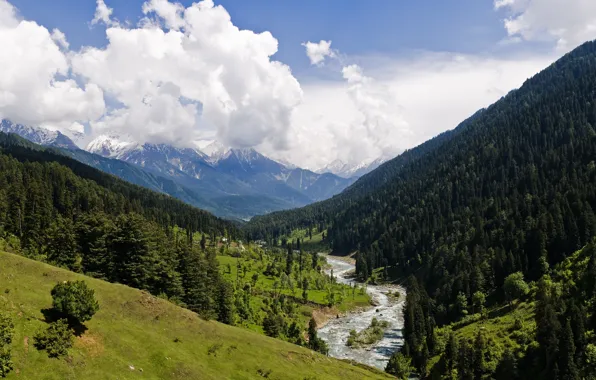 Картинка горы, река, долина, Индия, pahalgam valley, kashmir