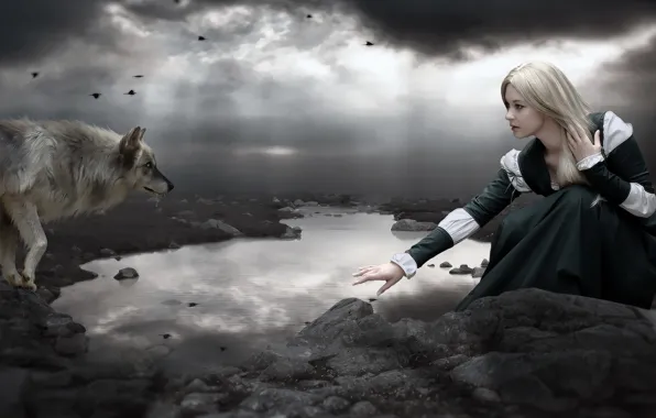 Картинка dark, girl, lake, photomanipulation, Wolf