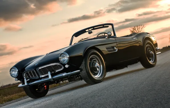 Картинка дорога, небо, закат, чёрный, бмв, BMW, спорткар, кабриолет, передок, 1957, Series 2, 507, красивая машина