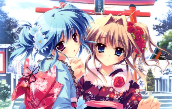 Картинка цветы, девушки, кимоно, рыжие волосы, голубые волосы