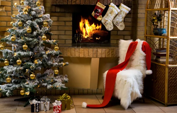 Картинка праздник, елка, рождество, бокалы, подарки, камин, шампанское
