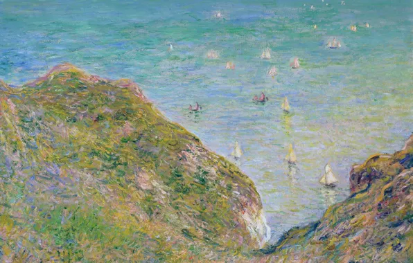 Картинка море, пейзаж, картина, лодки, Клод Моне, Вид со Скалы в Пурвиле. Ясная Погода