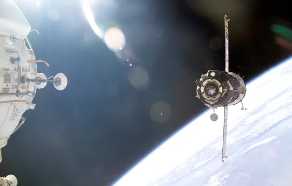 Картинка космос, Земля, стыковка с МКС