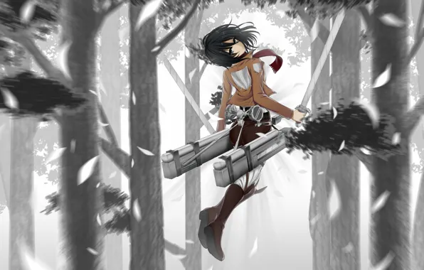 Картинка девушка, деревья, природа, оружие, меч, аниме, арт, shingeki no kyojin, mikasa ackerman, вторжение гигантов, oshou