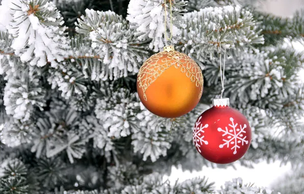 Картинка снег, елка, новый год, рождество, шарик, украшение