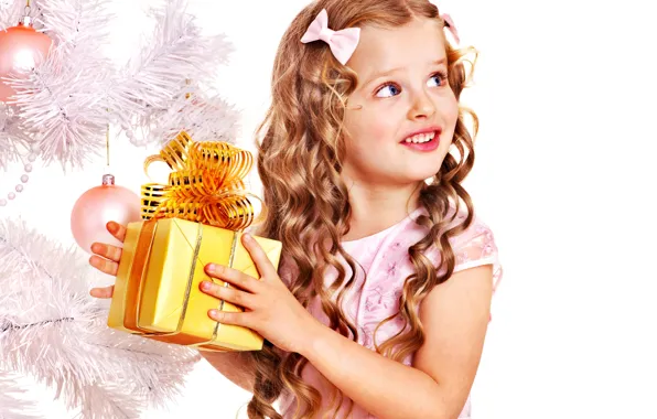 Картинка дети, улыбка, подарок, елка, ребенок, Новый Год, Рождество, девочка, бантики, Christmas, локоны, праздники, New Year