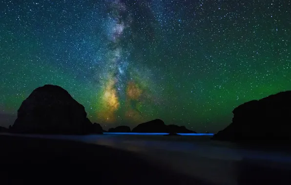 Картинка небо, звезды, ночь, скалы, силуэт, Орегон, США, Cape Sebastian State Scenic Corridor