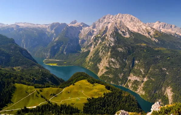 Картинка горы, озеро, Германия, Бавария, Альпы, панорама, Germany, Bavaria, Alps, Königssee lake, озеро Кёнигсзе, Берхтесгаденские Альпы, …