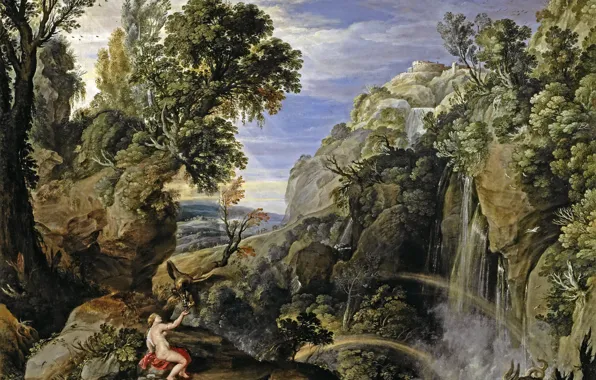 Картинка деревья, скала, водопад, картина, мифология, Пауль Бриль, Пейзаж с Психеей и Юпитером