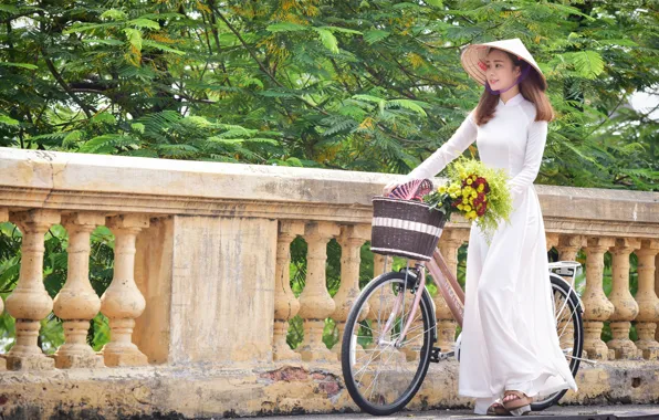 Картинка девушка, цветы, велосипед, букет, прогулка, азиатка