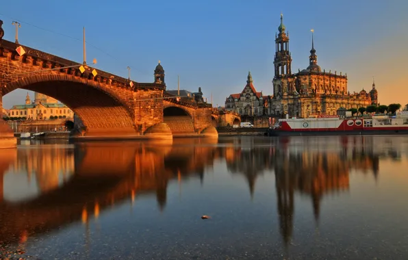 Картинка закат, мост, река, здания, Германия, архитектура, Dresden