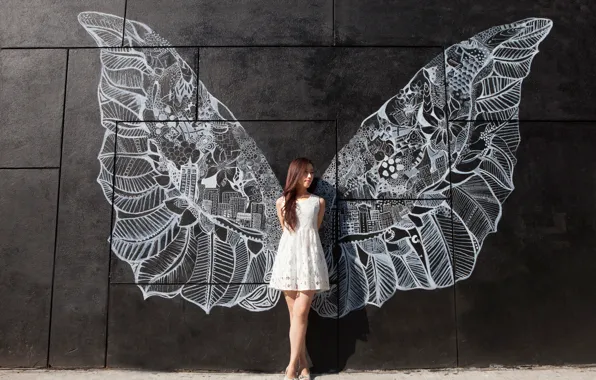 Картинка девушка, стена, рисунок, крылья