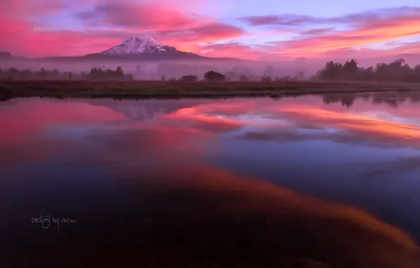 Картинка осень, облака, отражения, озеро, утро, США, штат Вашингтон, вулкан Адамс, гора Пахто