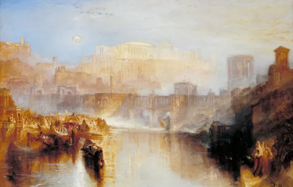 Картинка пейзаж, мост, река, лодка, картина, жанровая, древний Рим, Уильям Тёрнер