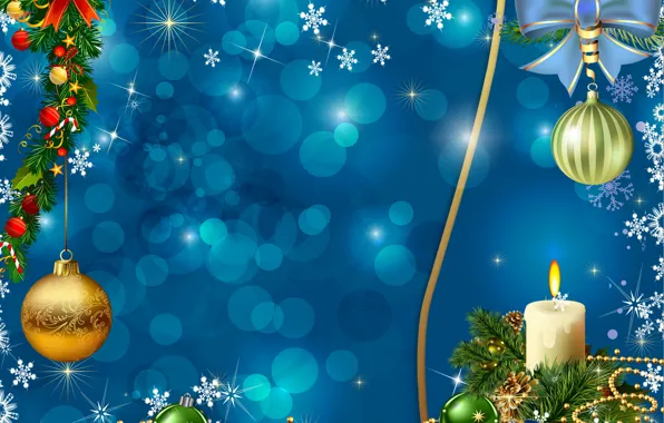 Картинка шарики, снежинки, ветки, шары, графика, свеча, Рождество, Новый год, бусы, гирлянда