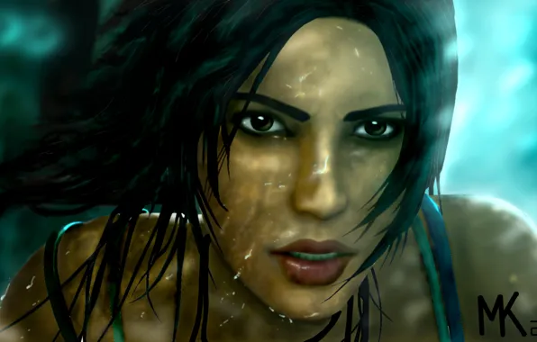 Картинка взгляд, вода, девушка, капли, брызги, лицо, волосы, игра, 2013, Tomb raider, Lara croft