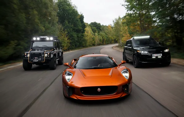 Картинка скорость, трасса, Jaguar, три, Land Rover, Defender, C-X75, 2015, 007 Spectre