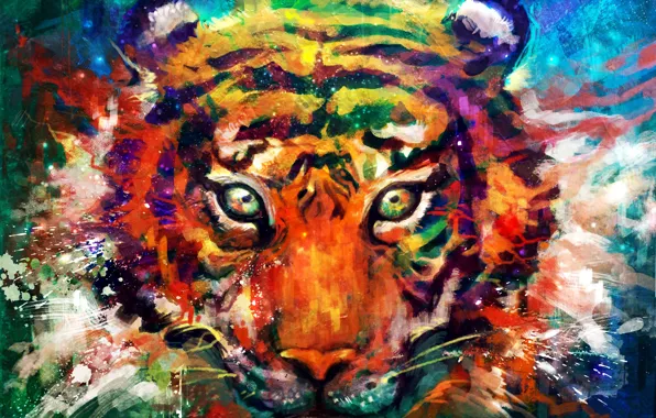 Картинка глаза, взгляд, тигр, животное, голова, арт